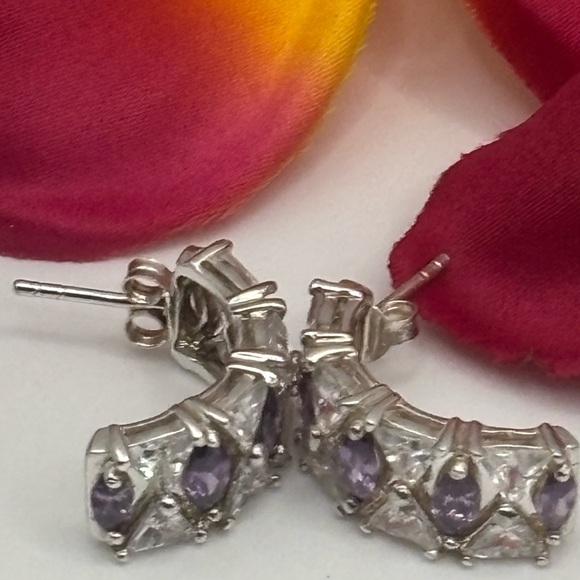 Diamond Silver Amethyst Huggie 
Hoop Earrings - Picture 4 of 9